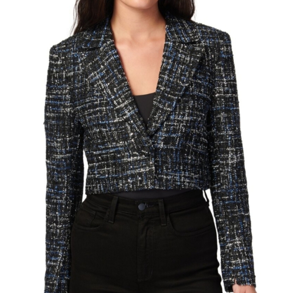 NWT Bagatelle Blue & Black Metallic Tweed Cropped Blazer Size Medium